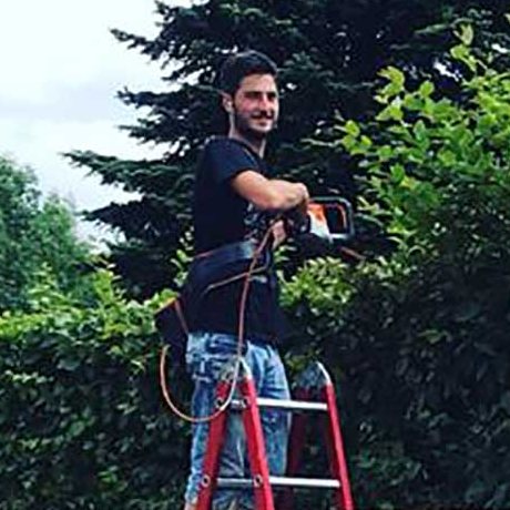 Arjaan van Schelven aan het werk op een ladder bij een hoge haag
