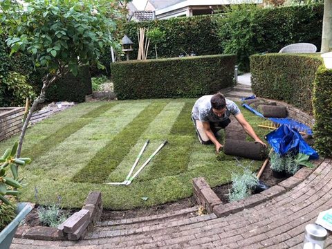 Nieuwe graszoden worden gelegd in een achtertuin